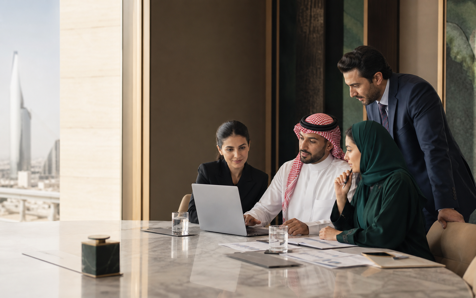 Saudi finance and operations leaders reviewing business performance together